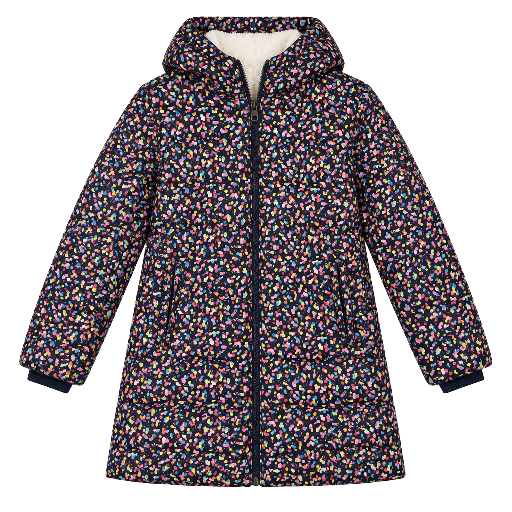 Lands' End Winter Jacket Size L 10-12 Navy Confetti Faux Fur Hood Puffer 1