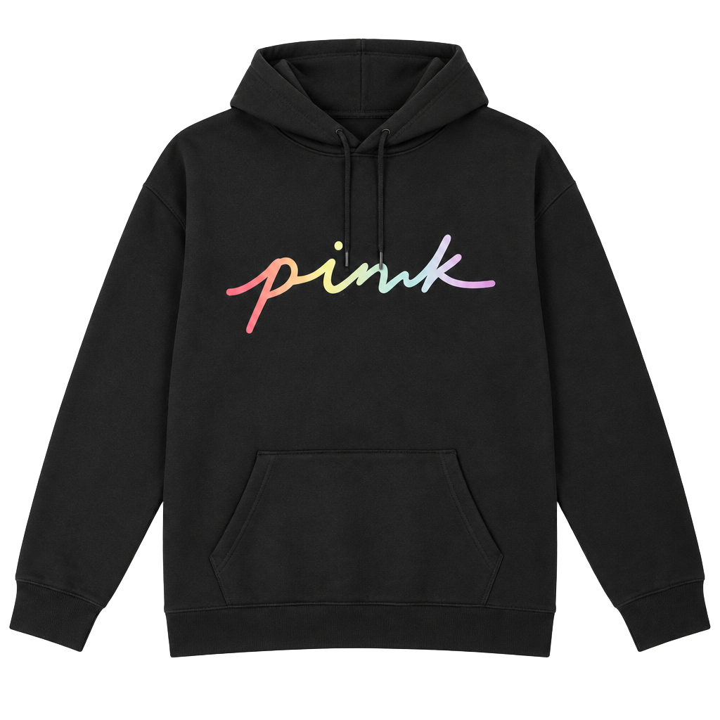 Victoria's Secret PINK Campus Pullover Hoodie Size L Black Rainbow Script 1