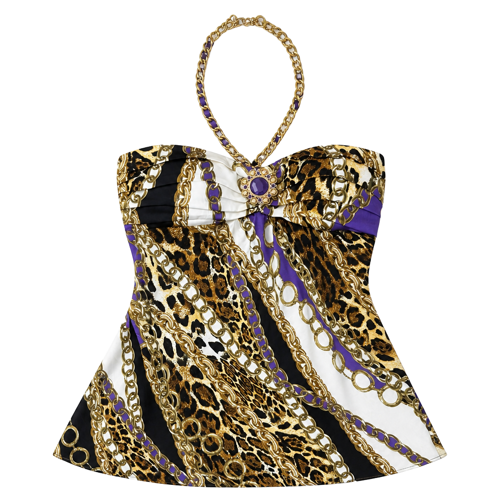 Caché Halter Top Size S Silk Leopard Chain Print Purple Gold 1