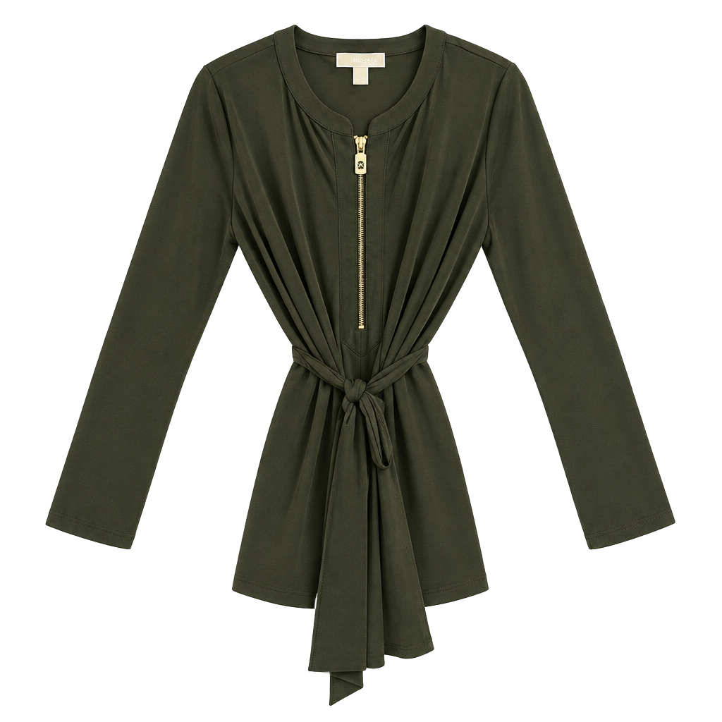 Michael Kors Dress Size XL Olive Green Zip Front Long Sleeve Belted 1