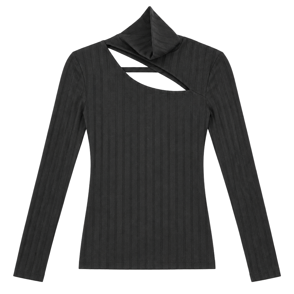 Zara Ribbed Turtleneck Cutout Top Size L Black 1