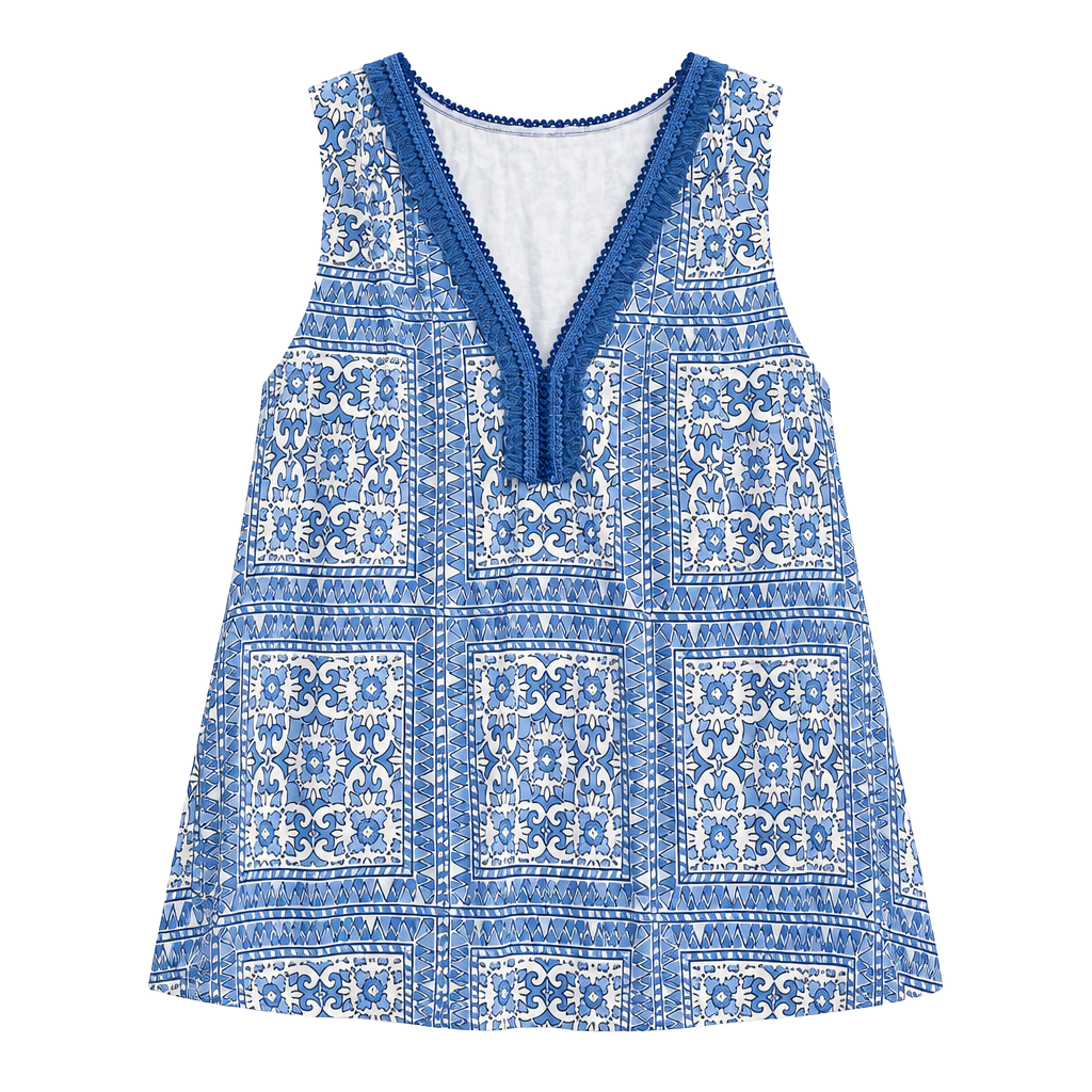 Vineyard Vines Scarf Print V-Neck Tank Size S Blue White Trim 1