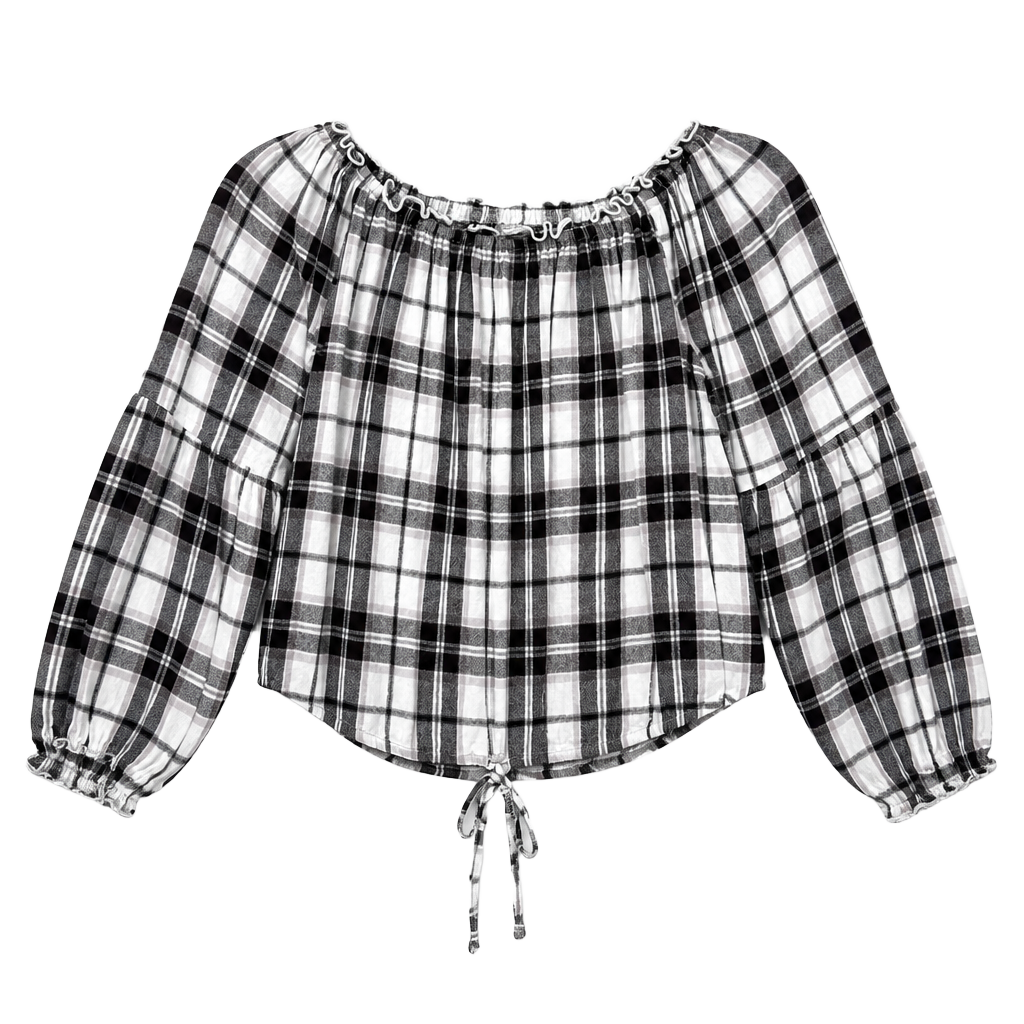 Hollister Off-the-Shoulder Black and White Plaid Crop Top with Tie Hem 1