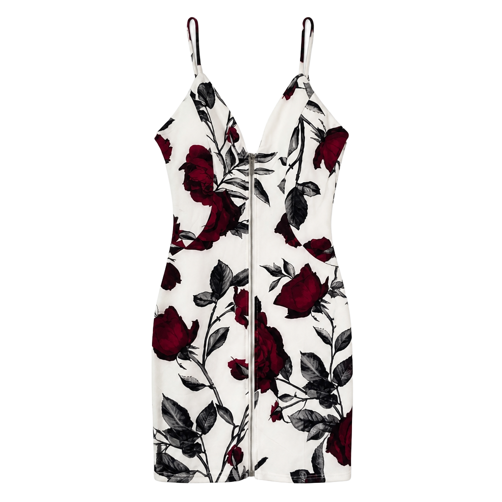 Haute Monde White and Red Floral Rose Print Zip-Front Mini Dress 1