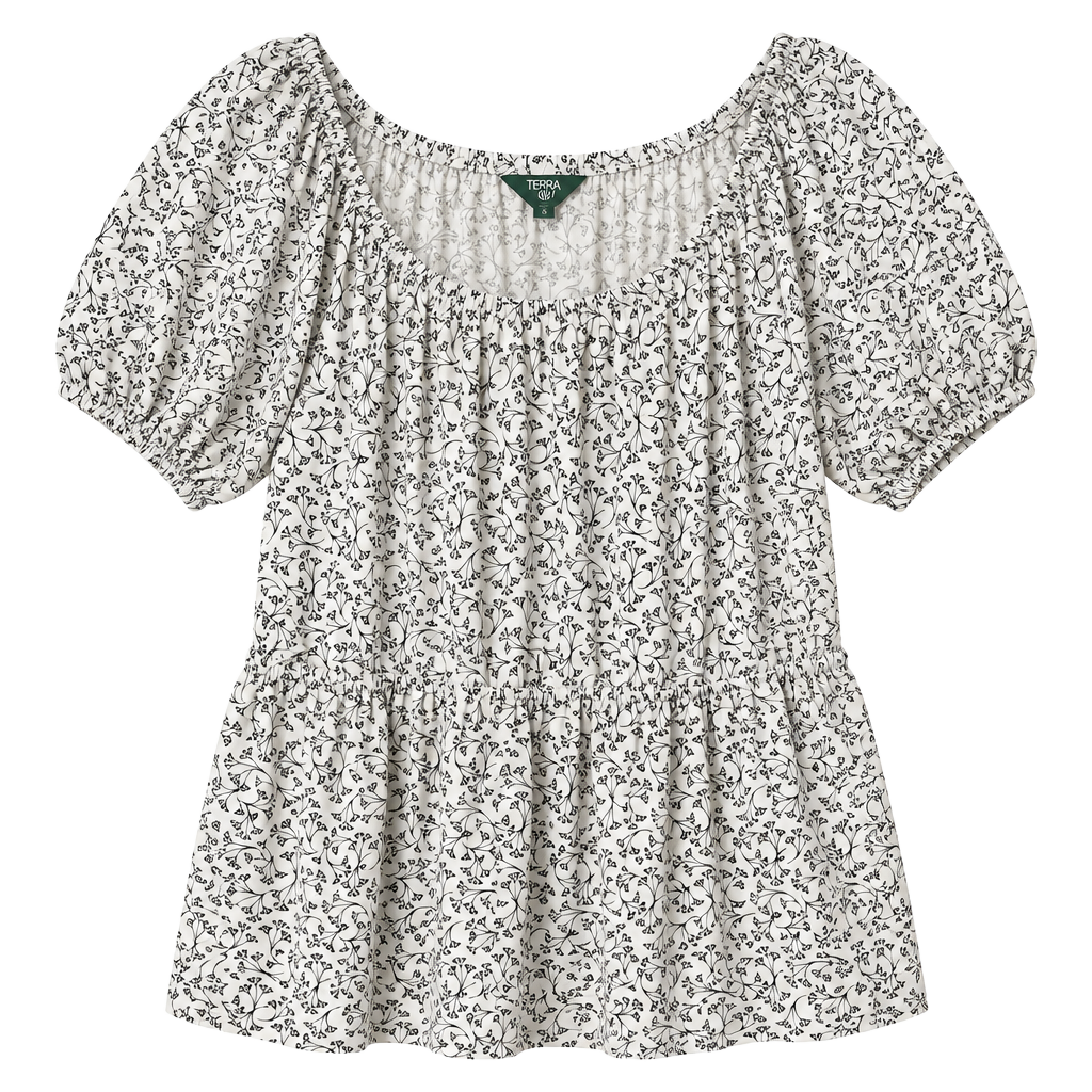 Terra & Sky Peplum Top Short Puff Sleeve Floral White Black 1