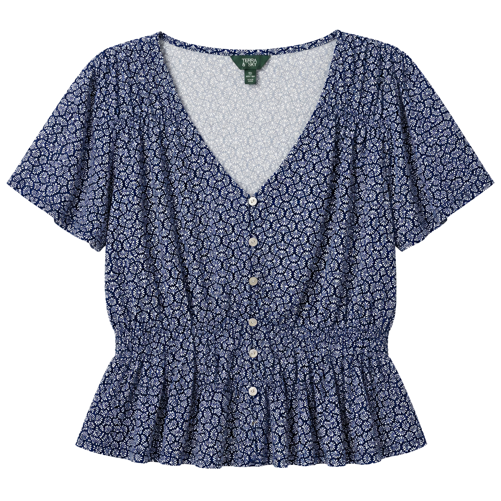 Terra & Sky Smocked V-Neck Top Size 1X Blue White Floral Print 1