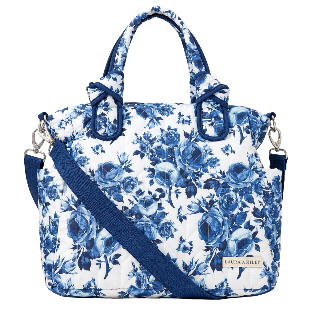 Laura Ashley Blue Floral Quilted Diaper Bag Tote Bag 1