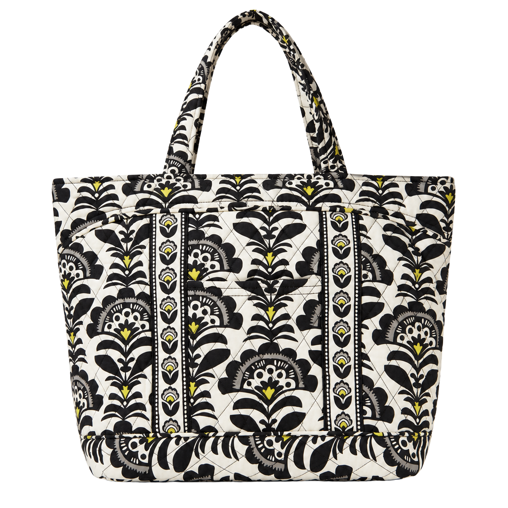 Vera Bradley fanfare Quilted Black & White Floral Tote Bag with Yellow Accents 1