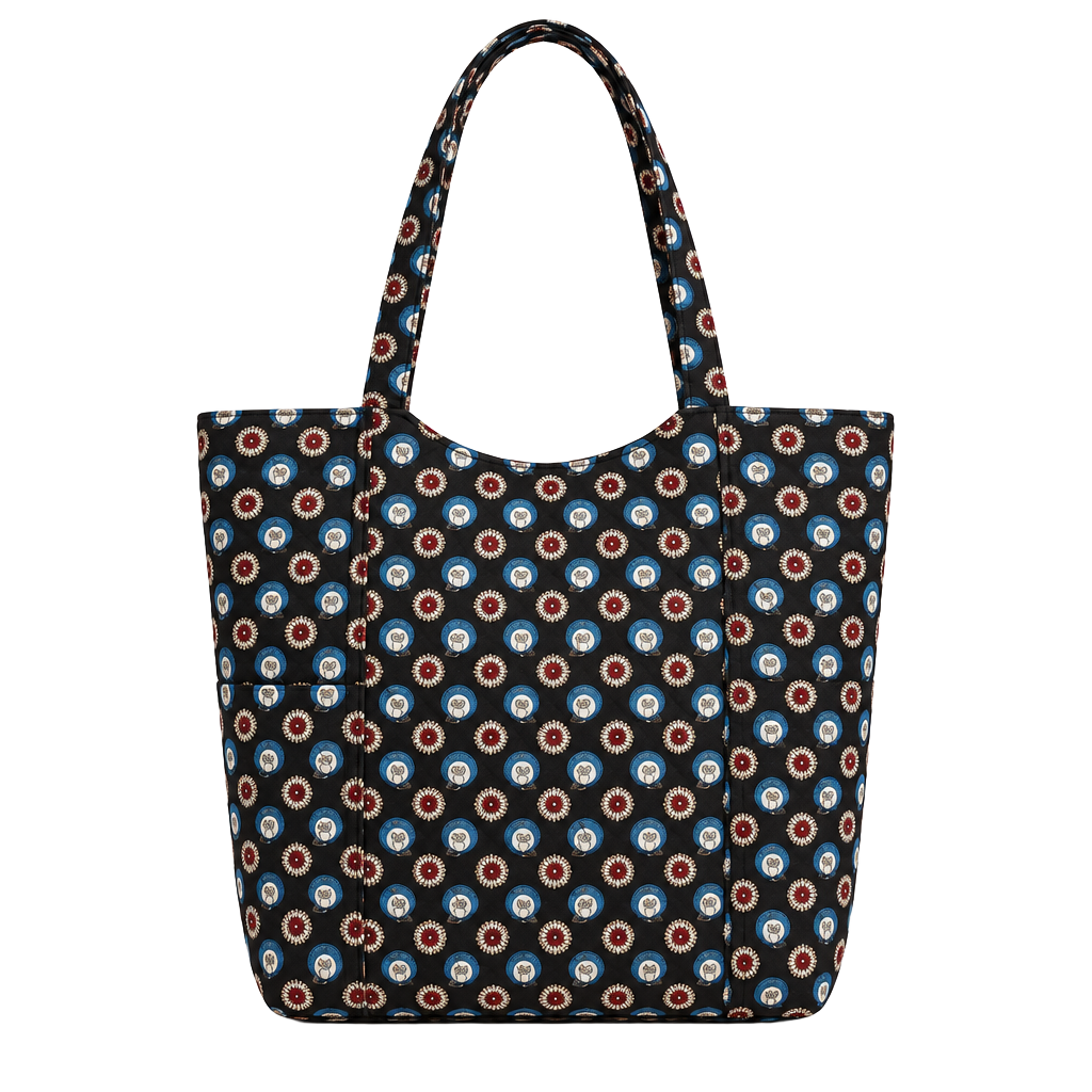 Vera Bradley Owl Bag Black Patterned Tote Bag with Blue and Red Accents 1