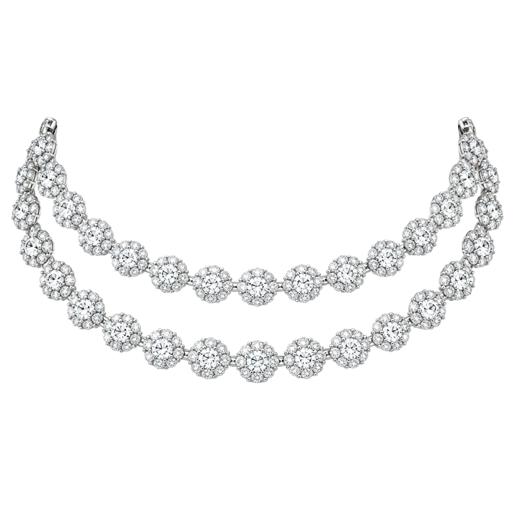 Double Strand Crystal Flower Choker Necklace - Silver 1