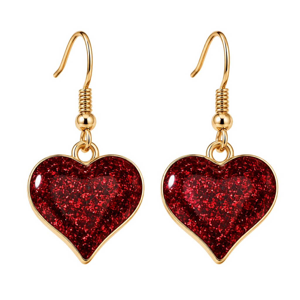 Gold Hoop Earrings with Deep Red Glitter Heart Drop 1