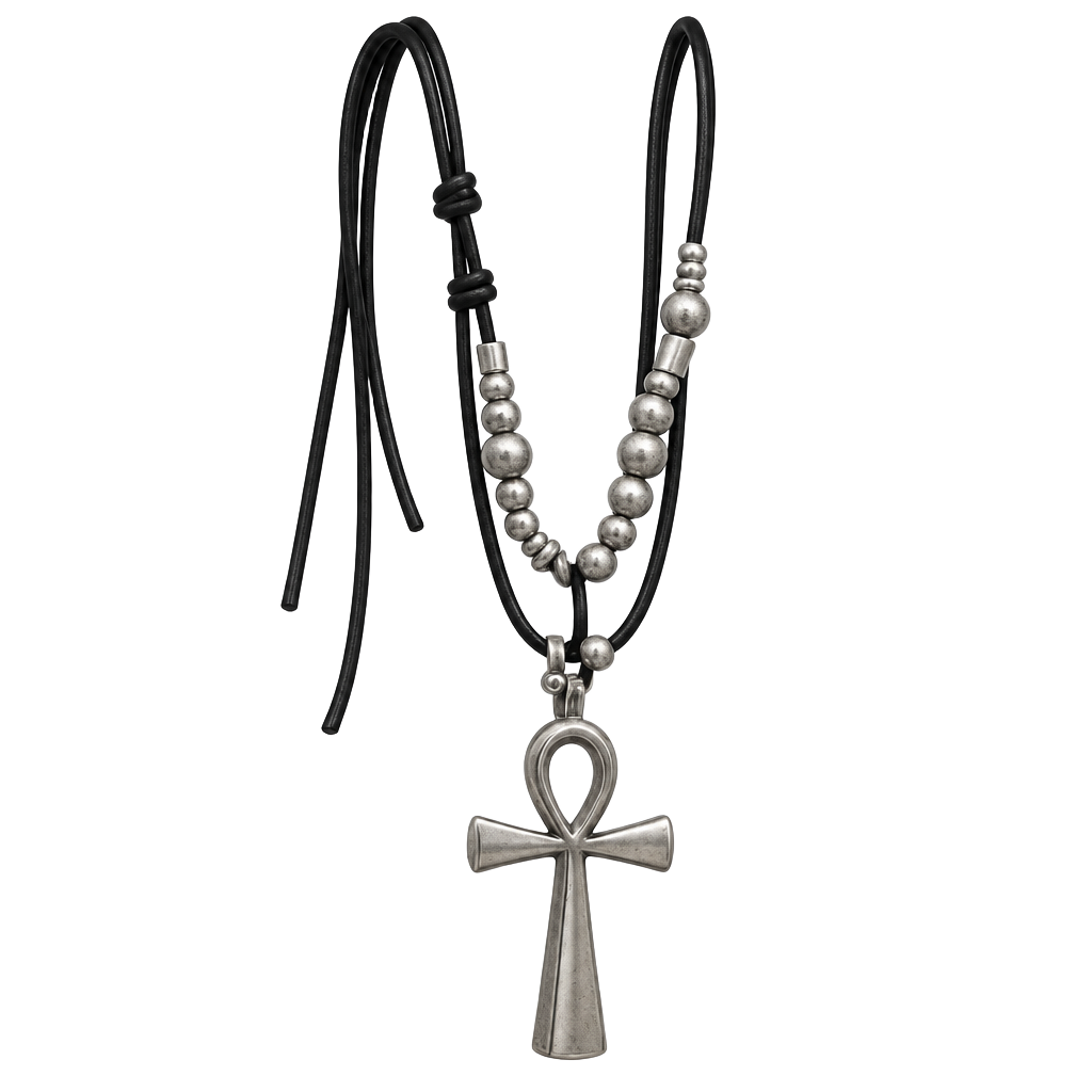 High Quality Black Leather Cord Necklace with Silver Ankh and Bead Accents 1
