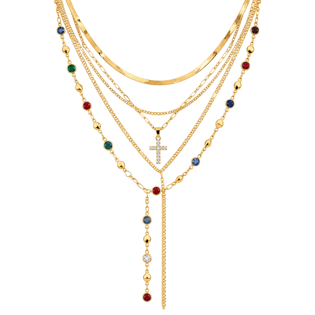 5 Pieces Gold Layered Multicolor Gemstone Cross Necklaces for Women 1