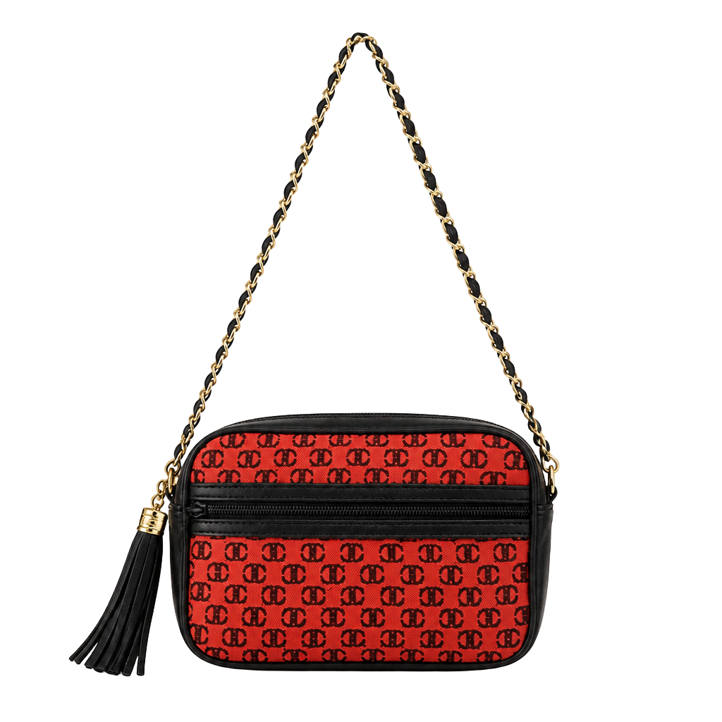 Black & Red Chain Shoulder Bag with Logo Print 1