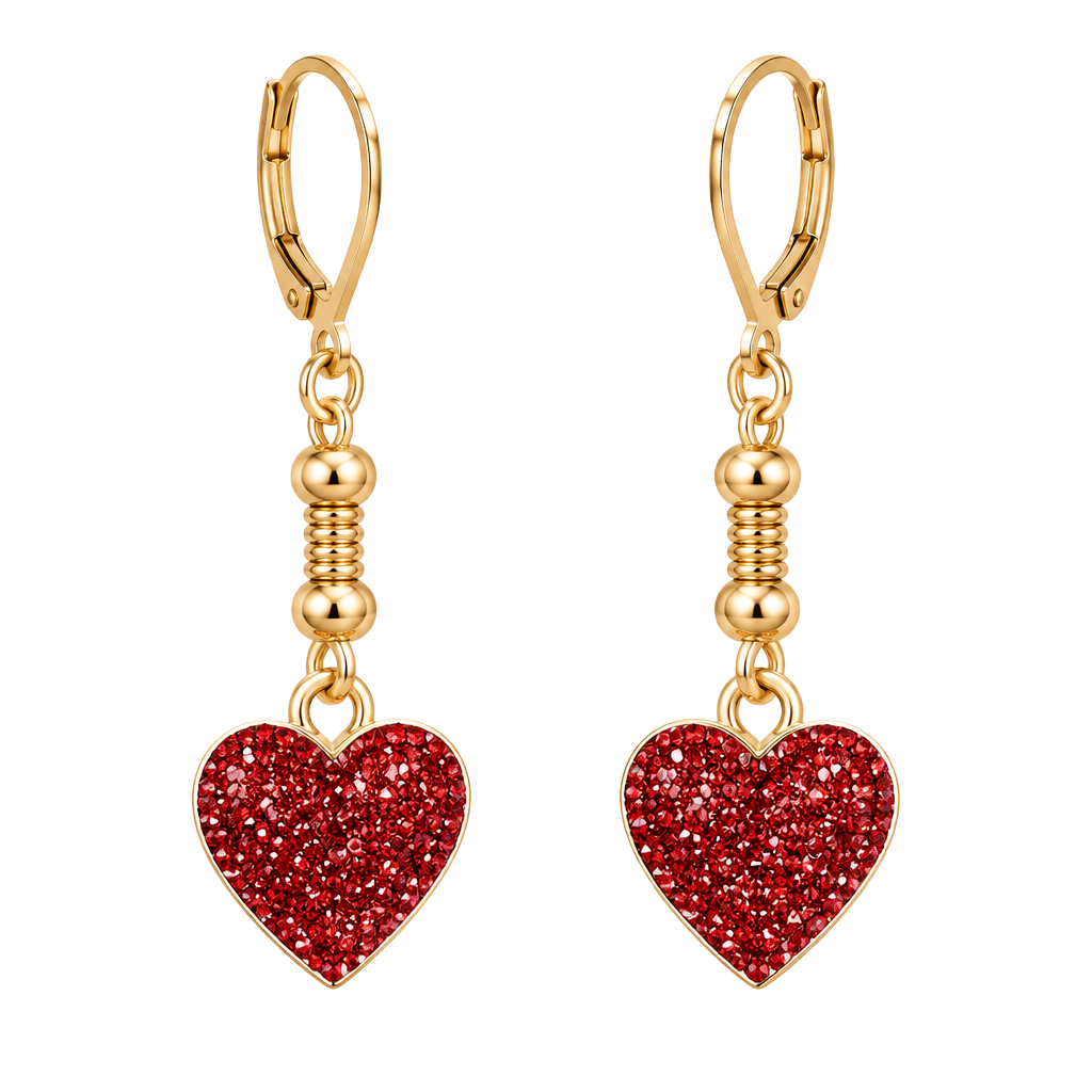 Gold Hoop Earrings with Deep Red Glitter Heart Drop 1