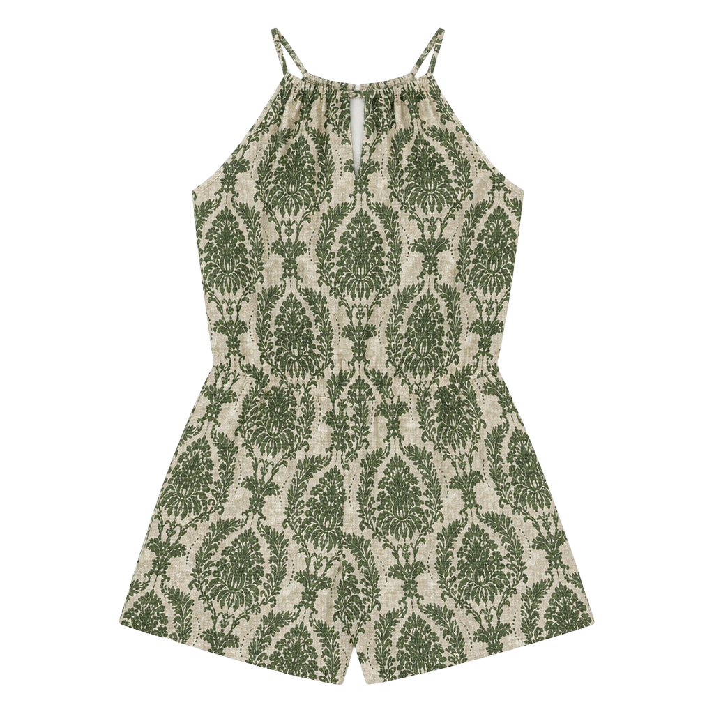 Plus Size 1xl SHEIN Green and Beige Damask Print Halter Romper 1