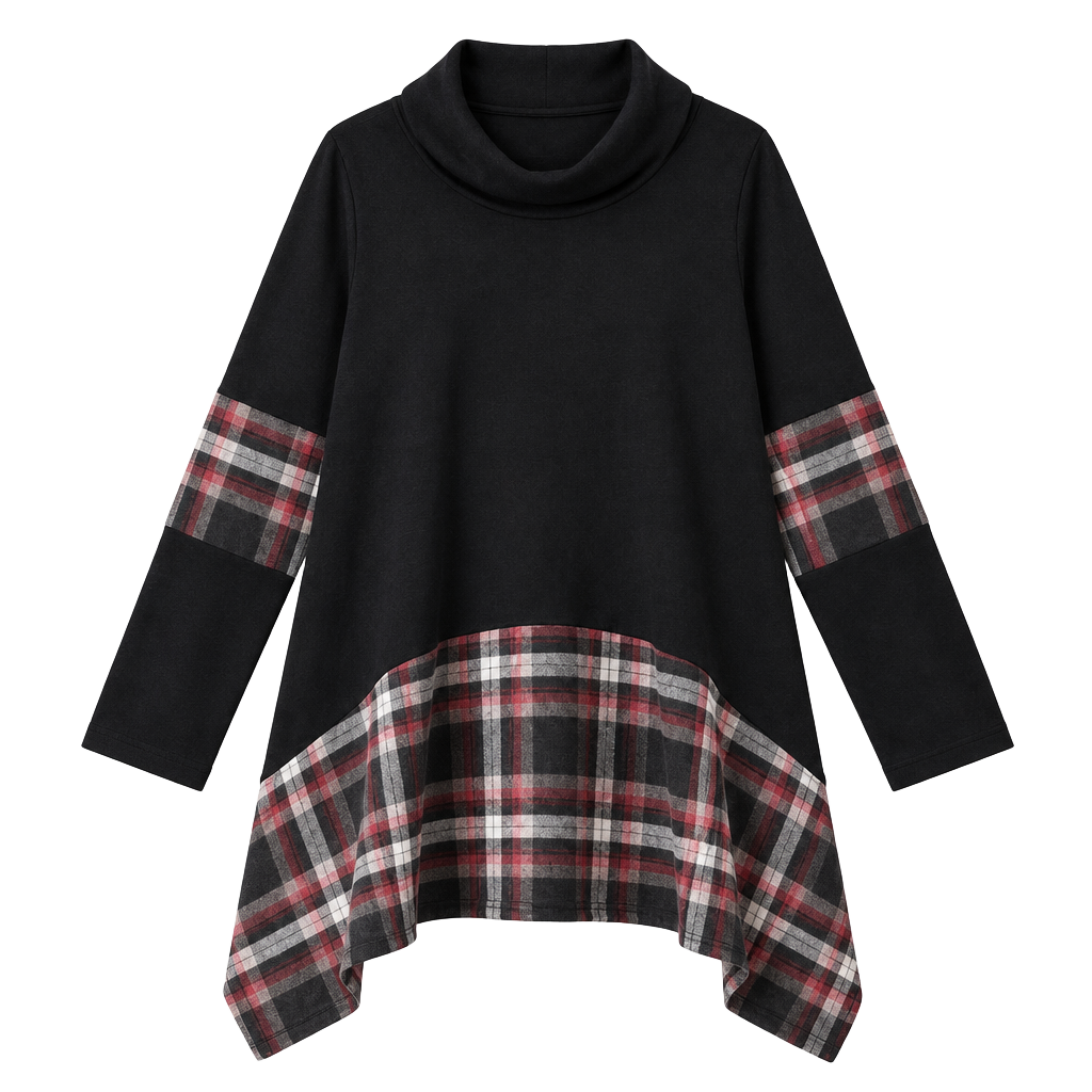 Bloomchic Plaid Cowl Neck Tunic Top Shirt Black Long Sleeve Size 12 Large 1