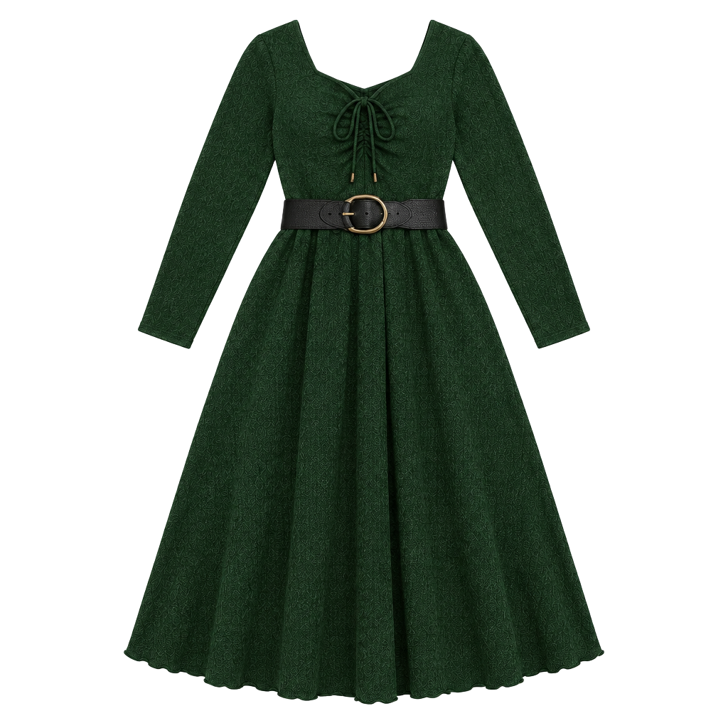 BloomChic Green Textured Dress Size 30 6X Long Sleeve V Neck Tie Front Pockets 1