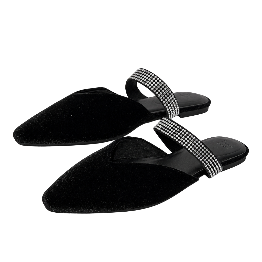 A New Day Black Velvet Rhinestone Strap Flat Mules Size 9 1