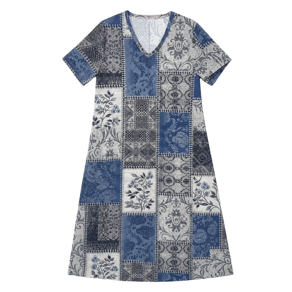 Unbranded Patchwork Print V-Neck T-Shirt Dress Size L 1