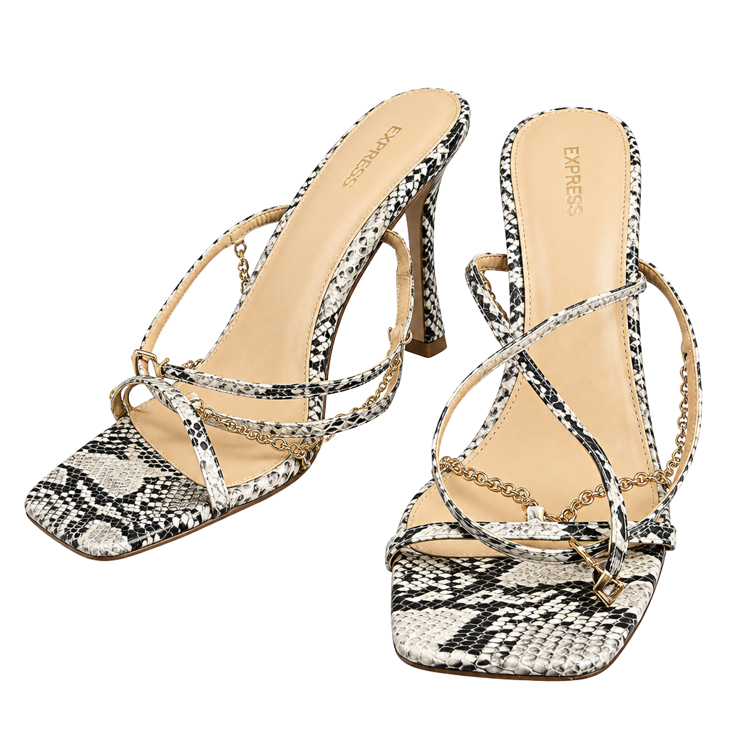 Express Snakeskin Print Strappy Heels Size 10 Chain Detail Stilettos 1