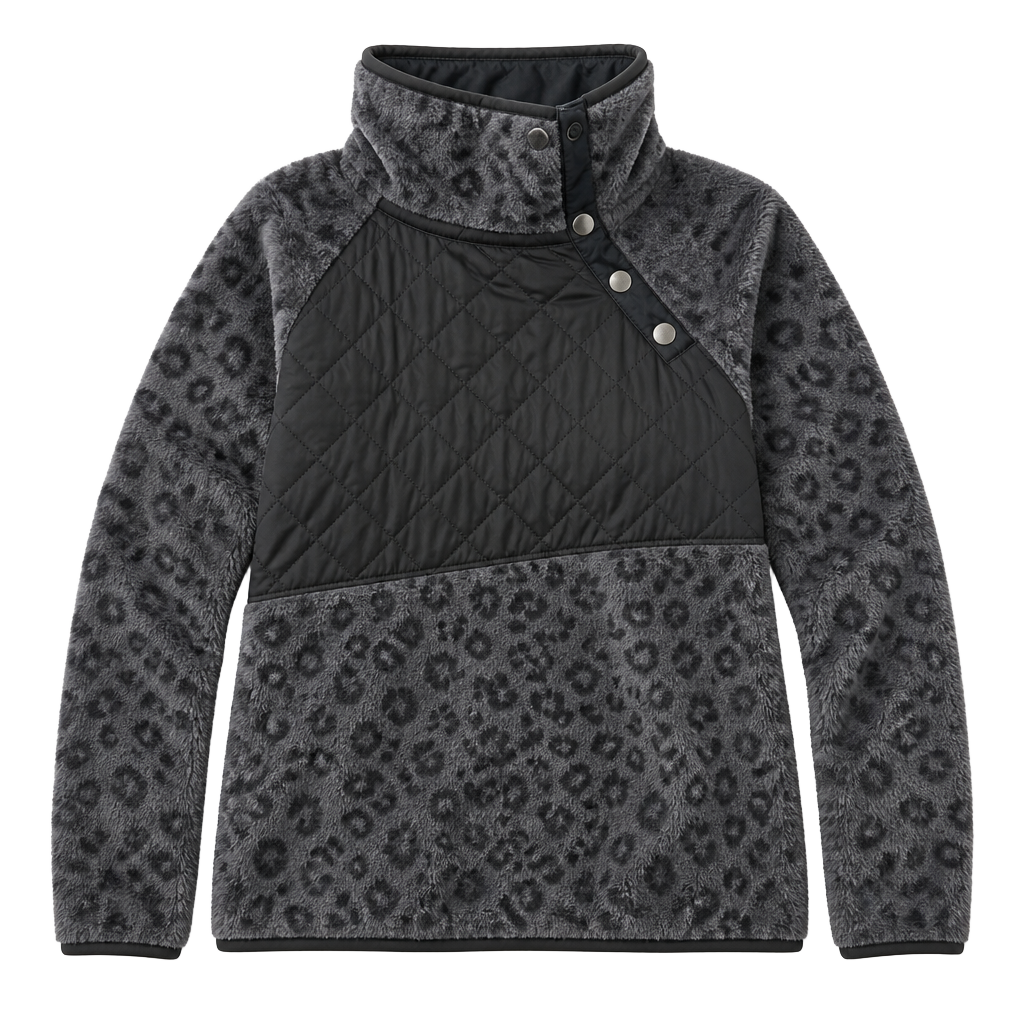 J. Crew Womens Gray Leopard Print Sherpa Quilted Snap Pullover Sweatshirt XXL 1