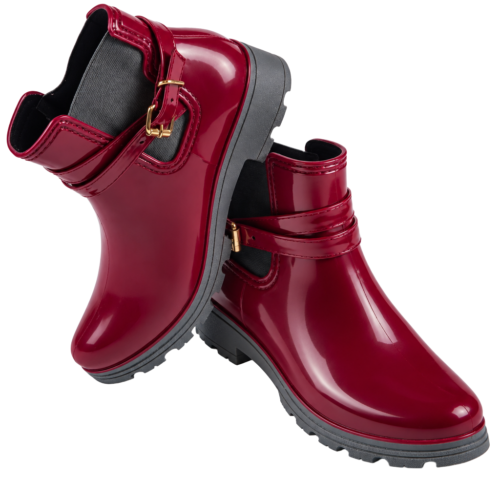 Women's Burgundy Chelsea Ankle Rain Boots Buckle Strap Rubber Lug Sole size 9 1