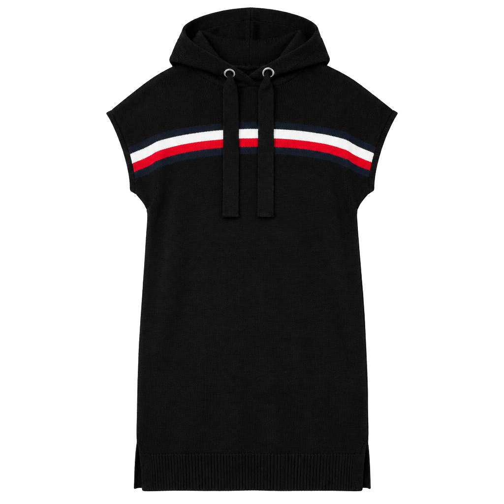Tommy Hilfiger Hooded Sweater Dress XL Black Red White Striped Short Sleeve Knit 1