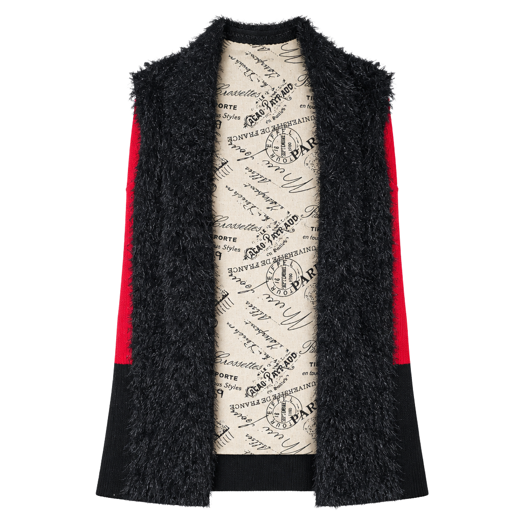 Lauren Michelle Red Black Knit Open Front Faux Fur Trim Cardigan Sweater XL 1