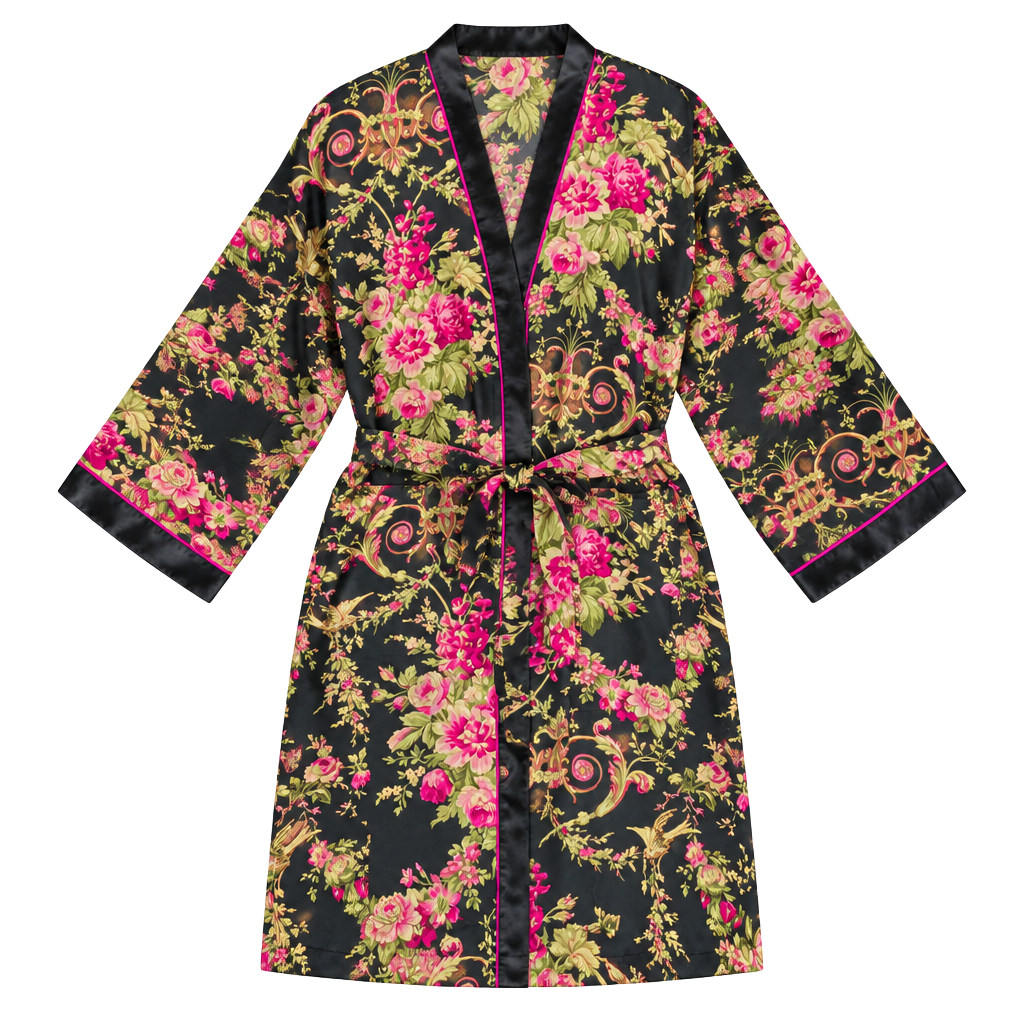 Oscar de la Renta Pink Label Floral Bird Kimono Robe Satin Look Black L XL Poly 1