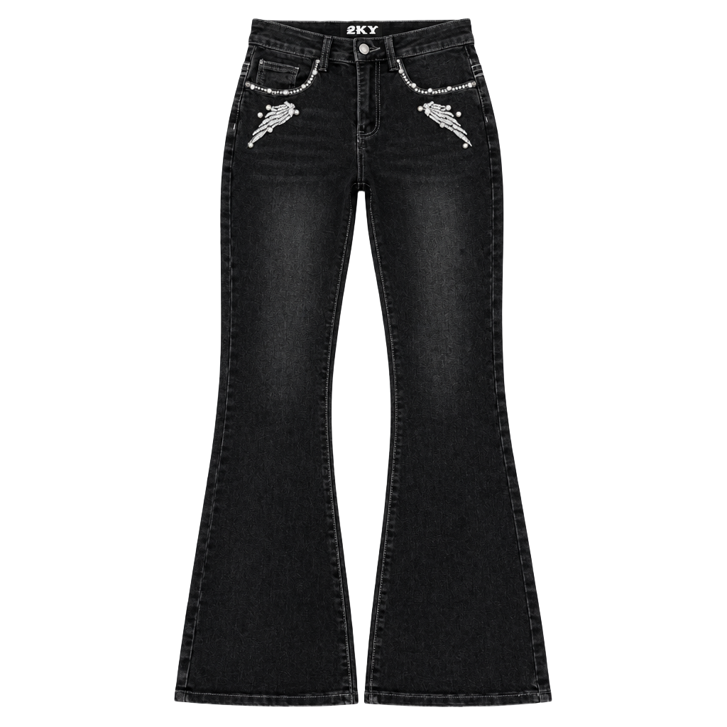SKY Rhinestone Skull Wing Flare Jeans Size 5 Black Y2K Embellished 1
