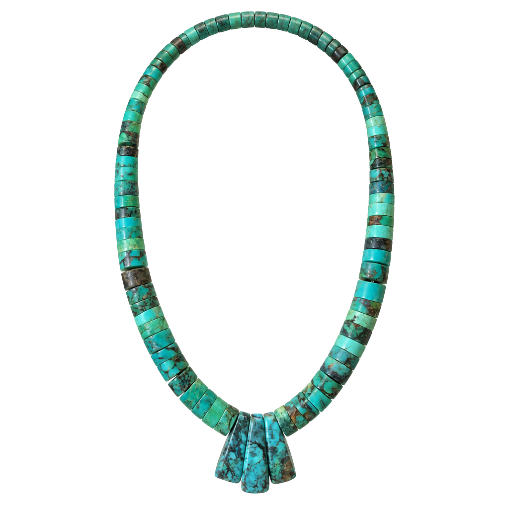 Vintage Native American Turquoise Heishi Bead Necklace with Jacla Pendant 1