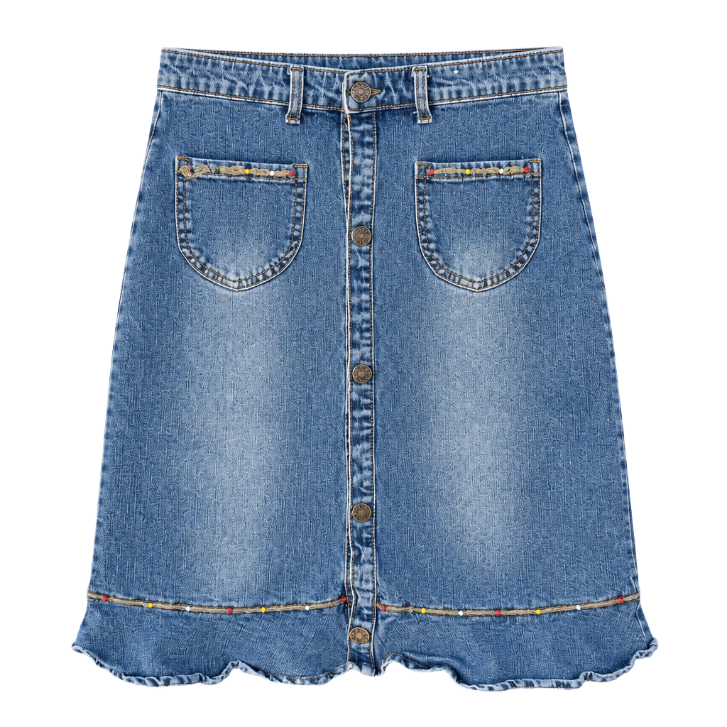 Y2K Juicy Gente Como Tu Denim Skirt Size 14 Blue Button Front Ruffle 1