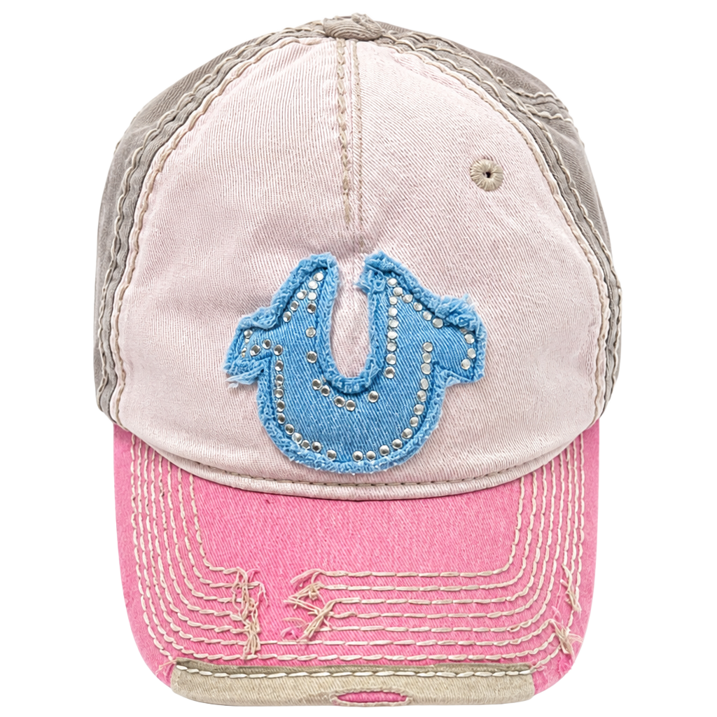 Y2 K VINTAGE True Religion Baseball Cap One Size Fits All Pink Grey Distressed Horseshoe 1