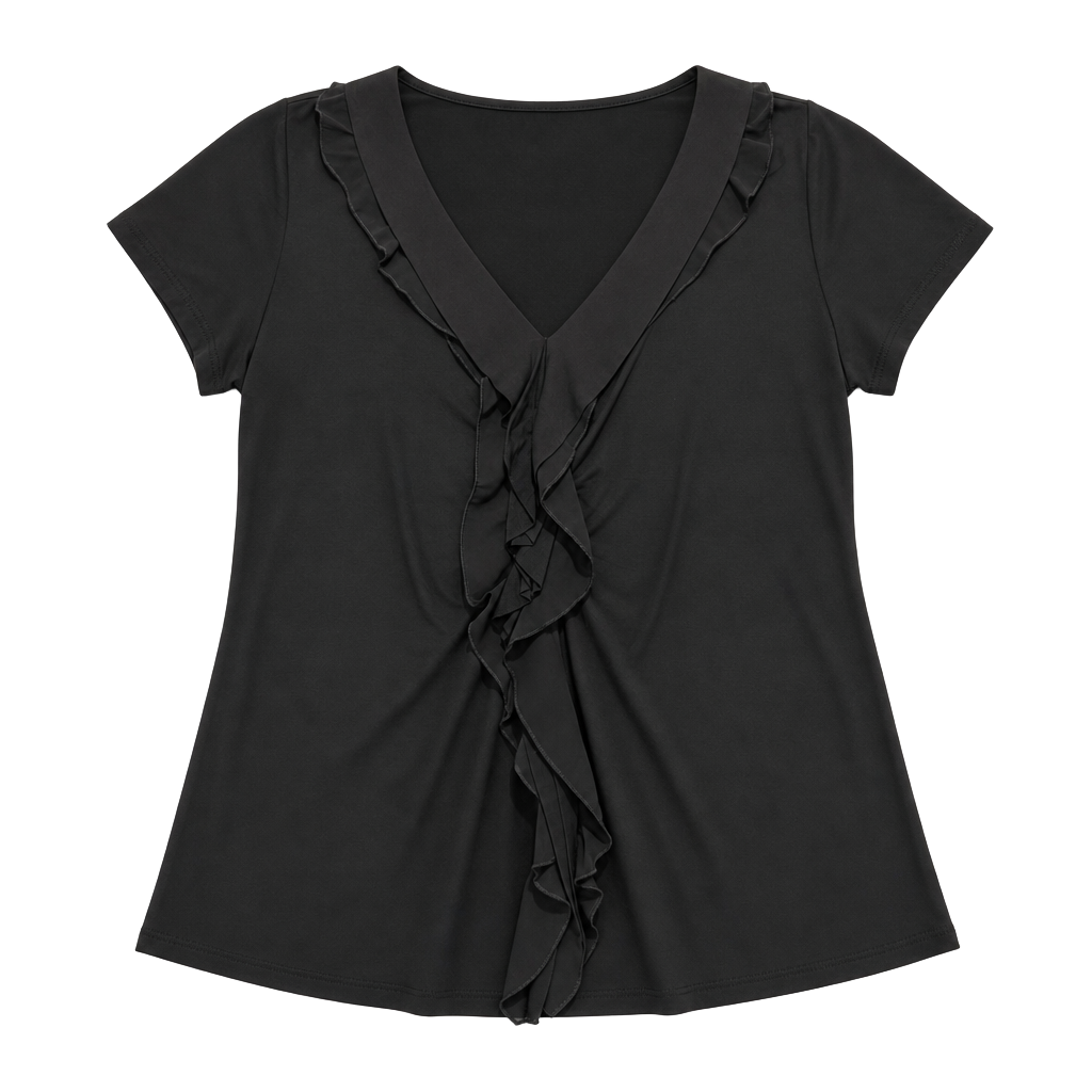 T Tahari Black Ruffle Front V-Neck Short Sleeve Blouse 1