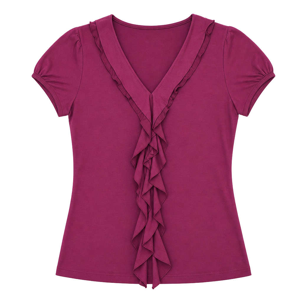 T Tahari Purple Ruffled V-Neck Short Sleeve Blouse 1