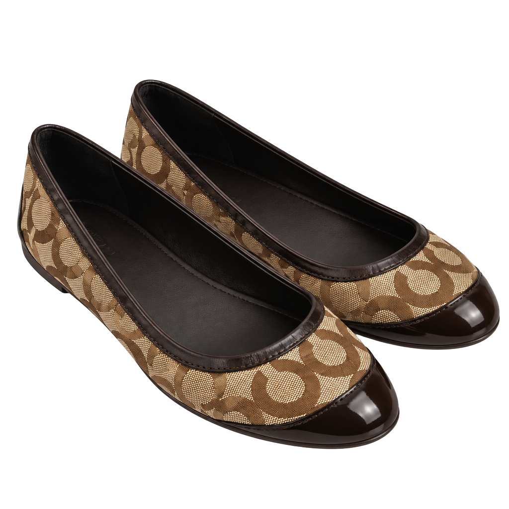 Size 9 Coach Signature C Brown Patent Leather Trim Ballet Flats 1