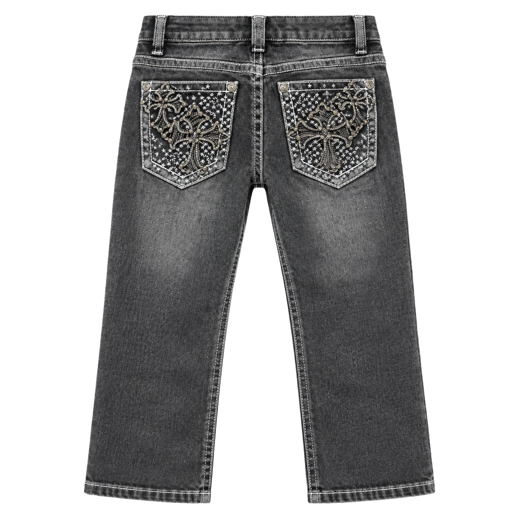 Fire & Rain Low Rise Flare Jeans Size 7 Grey Rhinestone Cross Pockets 1