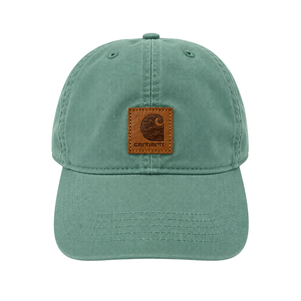 Carhartt Odessa Canvas Cap Green Leather Logo Patch Strapback Hat 1