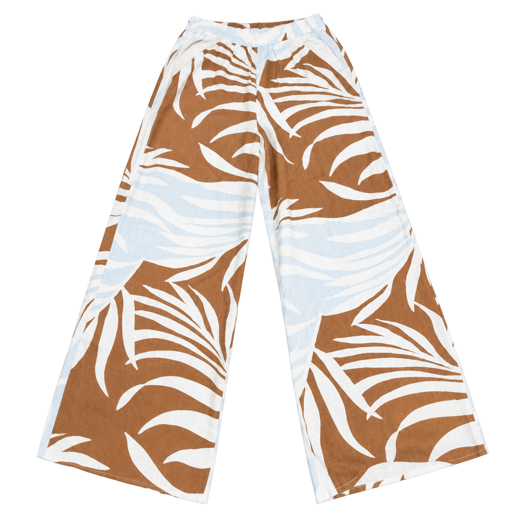 Sienna Sky Palm Print Wide Leg Pants Size S Brown Blue White 1