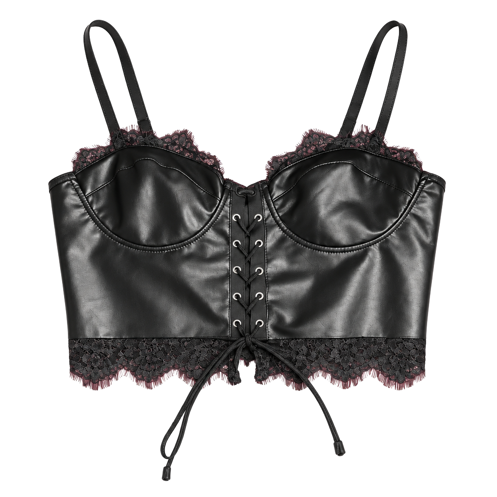 Unbranded Black Faux Leather Lace Trim Corset Top Size S 1