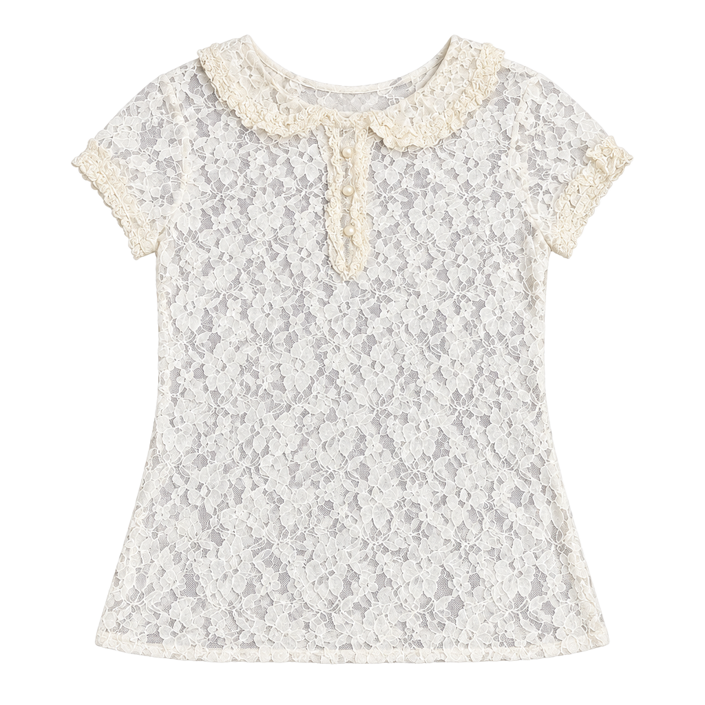 Kimchi Blue Lace Blouse Size L Ivory Cream Short Sleeve Button Top 1