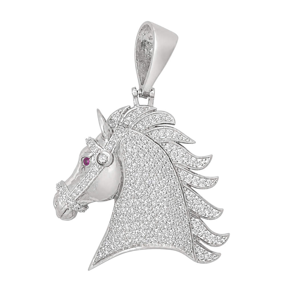 Iced Out Horse Pendant with Cubic Zirconia and Ruby Eyes in 925 Silver 1