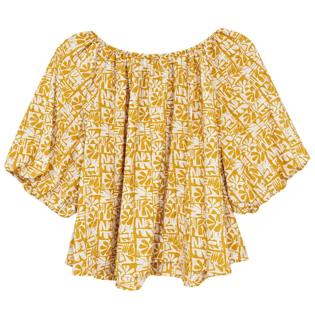 A.n.a Blouse Size XL Yellow White Printed Cotton Puff Sleeve Top 1