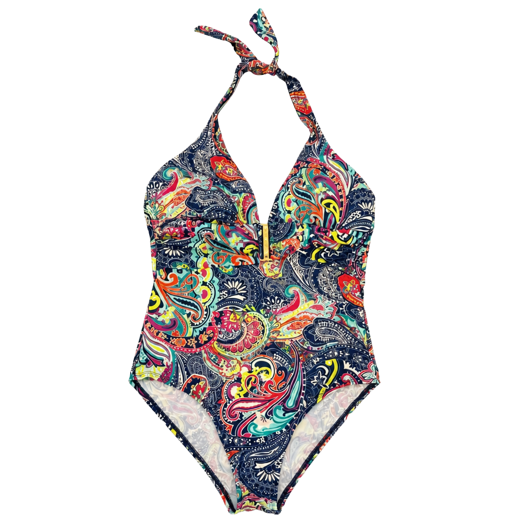 Liz Claiborne Paisley & Floral Print One Piece Halter Swimsuit Ruched 1