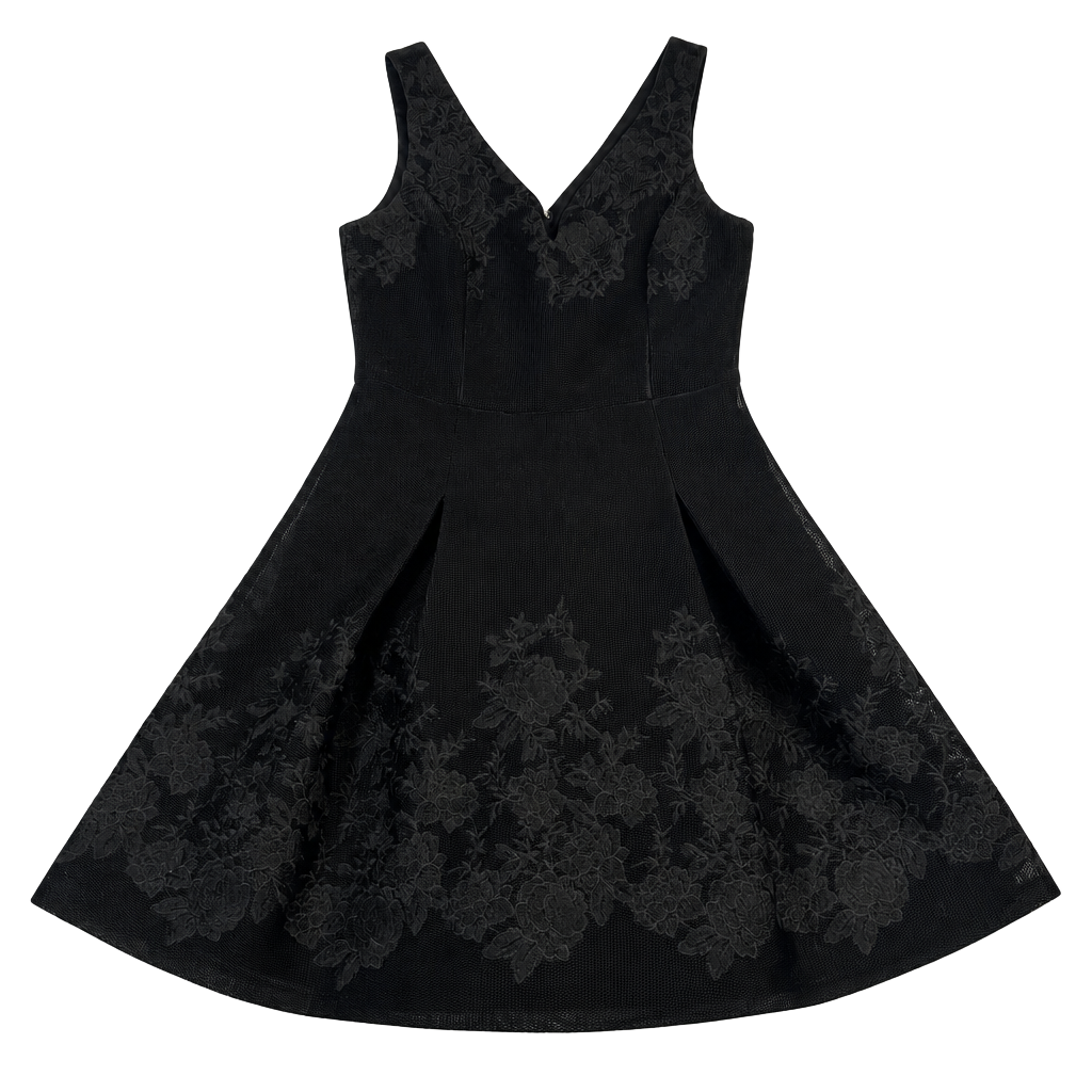 DKNY Black Floral Embroidered Mesh Fit and Flare Cocktail Dress 1