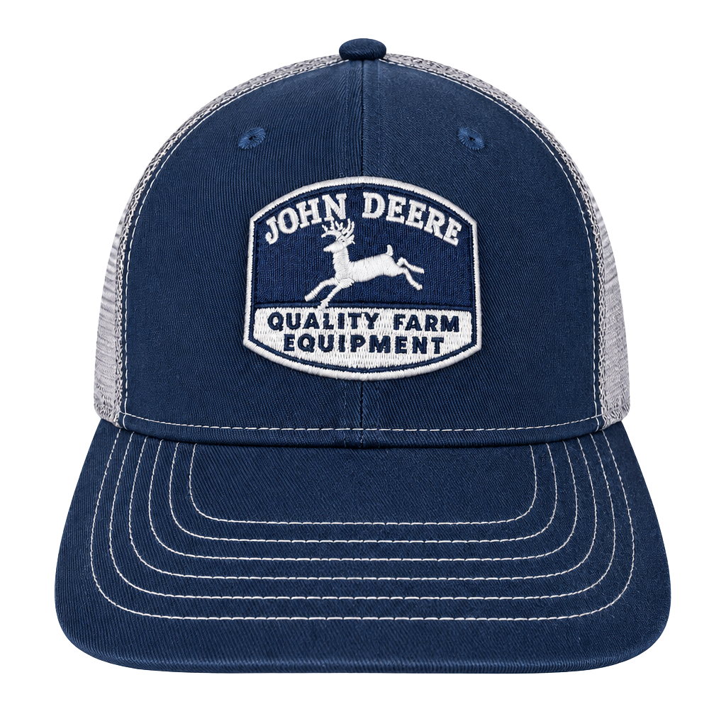 John Deere Quality Farm Equipment Trucker Hat Navy Grey Snapback 1