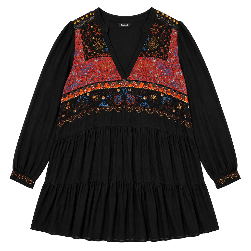 Desigual Black Viscose Embroidered Boho Tiered Short Dress 1