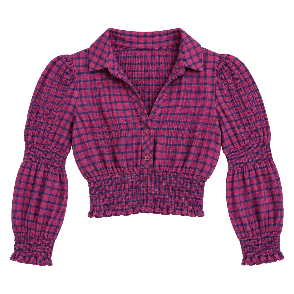 Zara Plaid Smocked Blouse Size S Red Black Long Sleeve Crop Top 1
