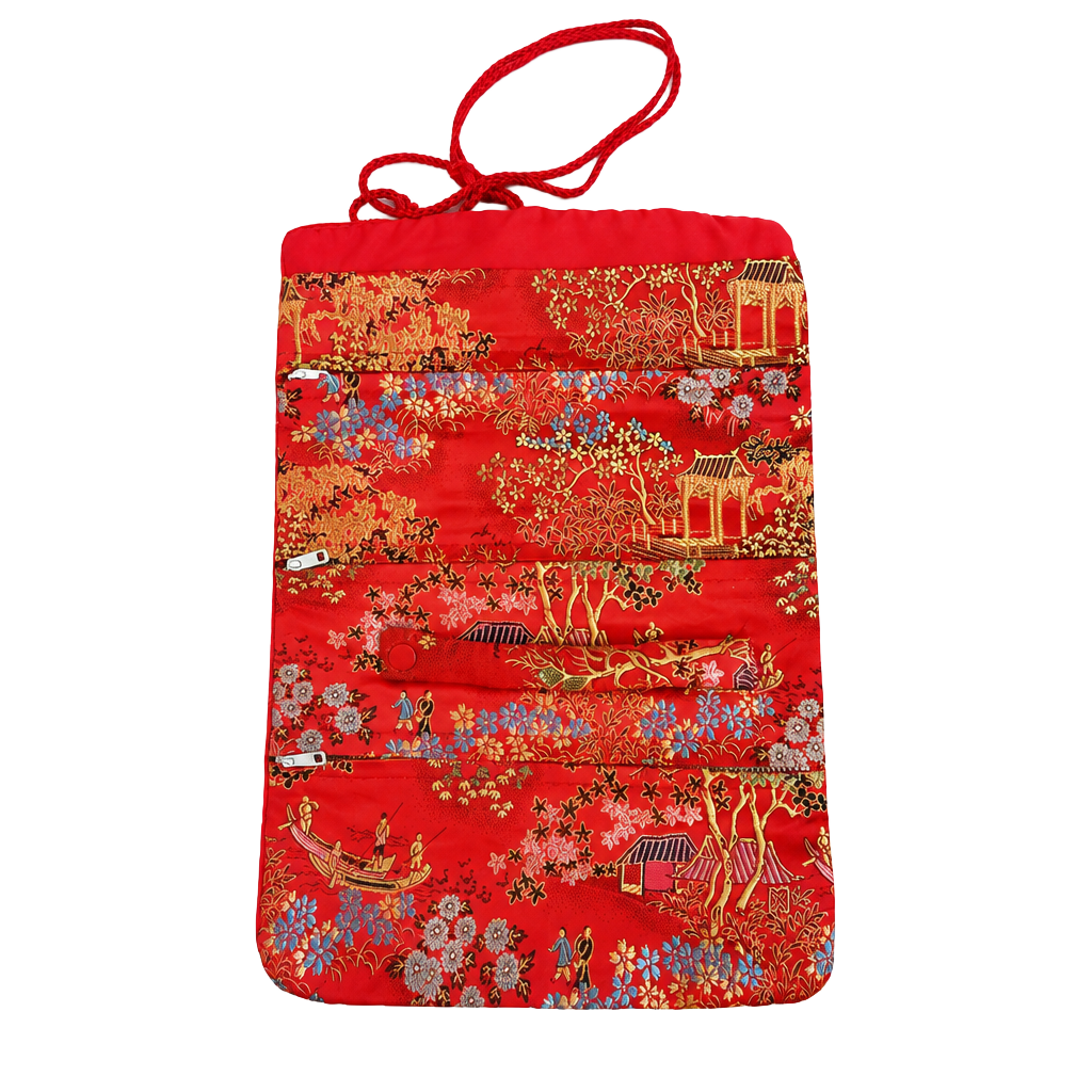 Asian Brocade Travel Jewelry Roll Bag Red Gold 1